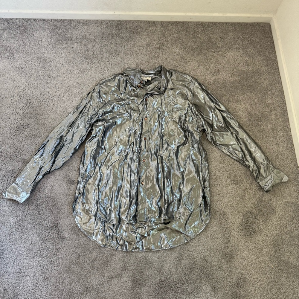 Vintage 90s Metallic Silver Button-Up Shirt